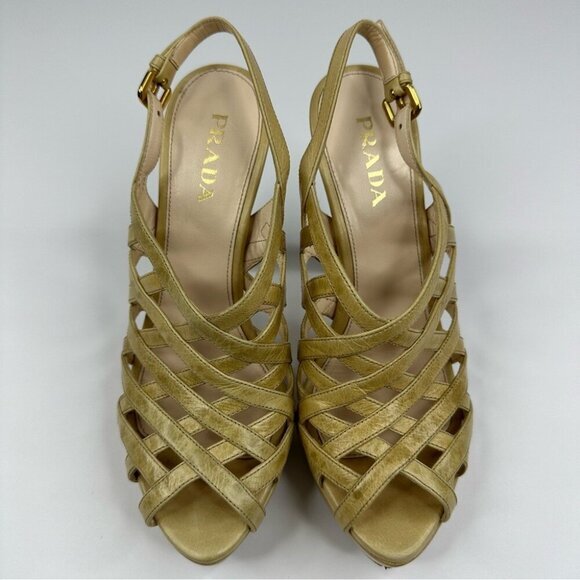 Prada Women's Tan Neutral Caged Criss Cross Designer Sandal Heels EU 37.5/US 7 - Picture 3 of 11